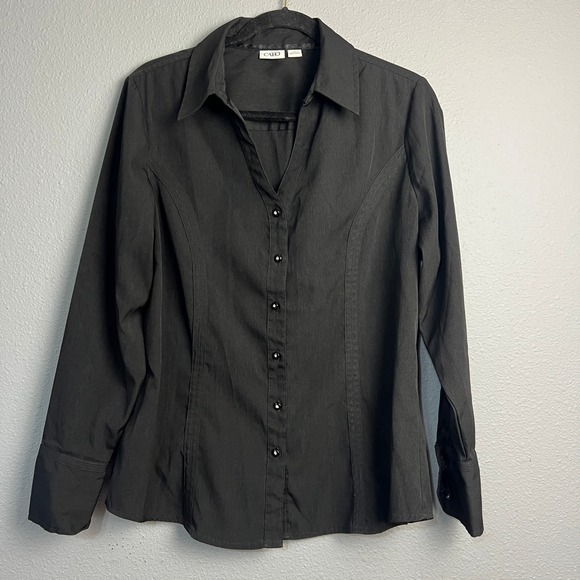 Cato Womens Button Down L/SL Silver Buttons Blouse Collared Fitted Black Size L - Picture 1 of 12
